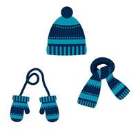 a set of hats and scarves, blue mittens with a pattern vector