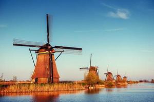 Colorful spring day with traditional Dutch windmills canal in Ro photo