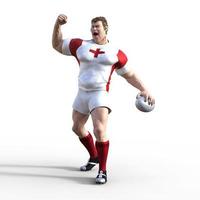 3d ilustración de un jugador de rugby inglés mientras bombean el aire en celebración después de marcar un intento y ganar el campeonato de rugby. un personaje de rugby estilizado con rasgos de superhéroe. foto