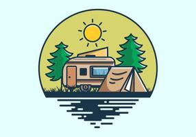 furgoneta de camping y tienda de campaña entre pinos ilustración vector