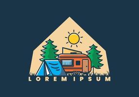 Camping van and tent between pine trees illustration vector