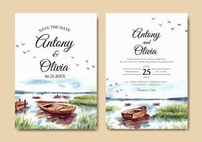 Watercolor wedding invitation of nature landscape with boat on lake vector