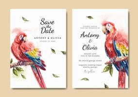 invitación de boda con hermosa acuarela de loro guacamayo escarlata vector