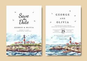 invitación de boda del paisaje natural con faro y acantilado marino acuarela vector