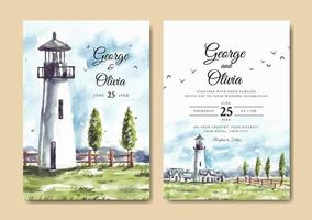 Wedding invitation of nature landscape with lighthouse and fence watercolor vector