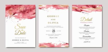 Red abstract watercolor wedding invitation template with gold text