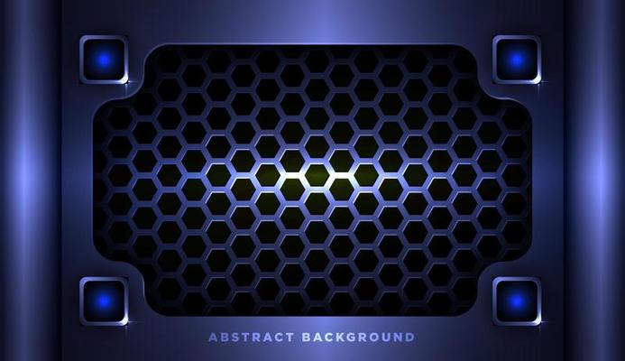 abstract metallic blue silver overlap layers element. with hexagon pattern realistic effect with light decoration frame layout design tech innovation concept gaming background Space on for text
