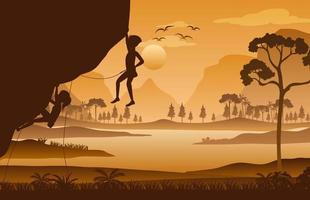Silhouette scene with people climbing rock vector