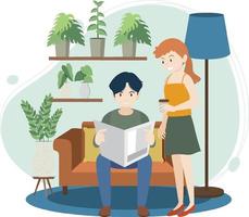 A man reading newspaper and woman holding coffee flat design at home vector