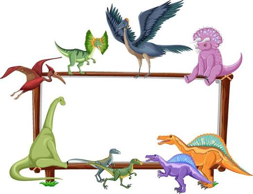 Group of dinosaurs around board on white background