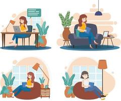 Scenes with people working from home vector