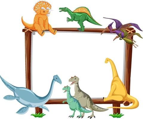 Group of dinosaurs around board on white background