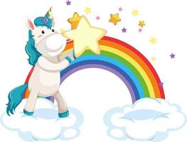 Unicornio de pie sobre una nube con arco iris en estilo de dibujos animados vector