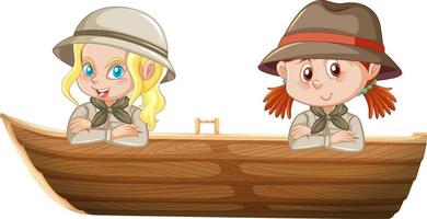 Boy and girl in safari outfit sitting on a boat on a white background vector