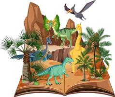 escena con dinosaurios en el bosque vector