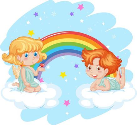 Angel boy and girl with rainbow in the sky