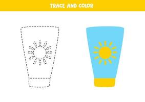 Trace and color sun cream. Worksheet for children. vector