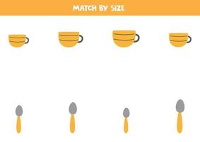 Matching game for preschool kids. Match cups and spoons by size. vector