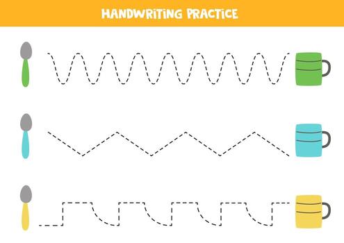 Tracing lines with colorful spoons and mugs. Writing practice. vector