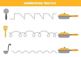 Tracing lines with kitchen utensils. Writing practice. vector