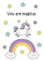You are magical card with cute cartoon unicorn. vector