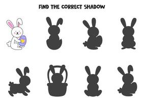 Find the correct shadows of cute Easter bunny. Logical puzzle for kids. vector