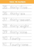 Tracing numbers from 35 to 41. Writing practice. vector