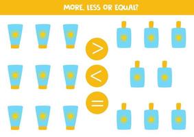 More, less, equal with summer sun creams. Math comparison. vector