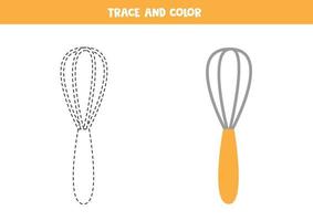 Trace and color kitchen whisk. Worksheet for children. vector