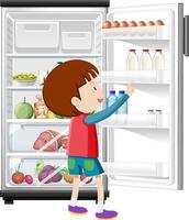 A boy and refrigerator with lots of food. vector