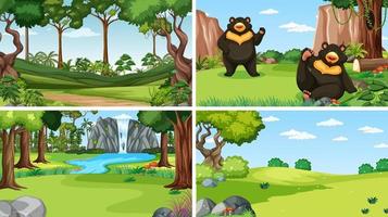 cuatro escenas con animales en el bosque vector