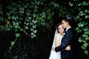 Young bride hugging her groom in beautiful park photo