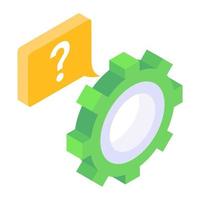 Gear with question mark inside chat bubble, conceptual icon of help settings in isometric design vector