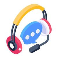 Message bubble inside headphones, customer support isometric icon vector