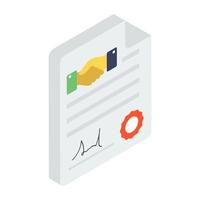 Agreement document with signature denoting contract in isometric icon vector