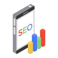 Seo inside phone with bar graph, seo report depiction in isometric icon vector