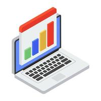 Bar chart inside laptop on a webpage, online chart isometric icon vector