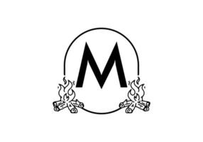 Black line art of bonfire with M initial letter vector