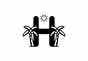 Black of H initial letter with coconut tree and sun vector