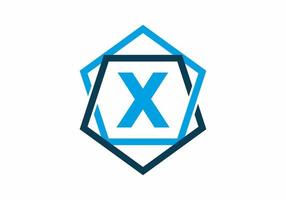 Blue color of initial letter X in pentagon frame vector
