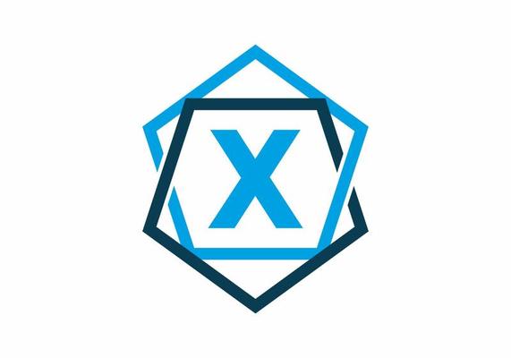 Blue color of initial letter X in pentagon frame