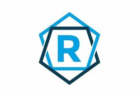 Blue color of initial letter R in pentagon frame vector