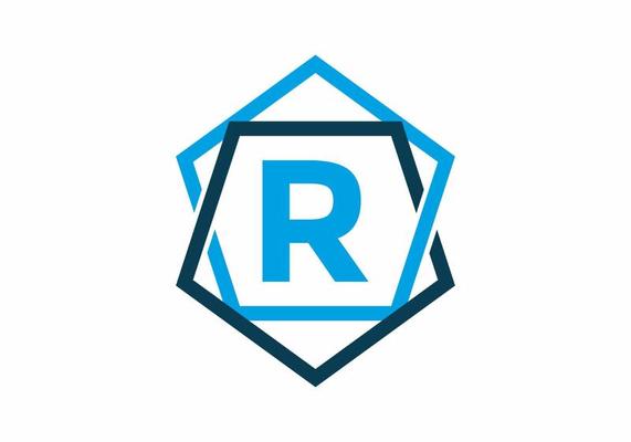 Blue color of initial letter R in pentagon frame