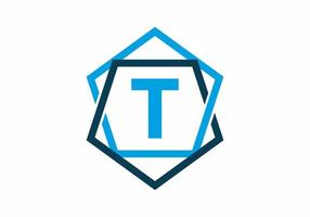 Blue color of initial letter T in pentagon frame vector