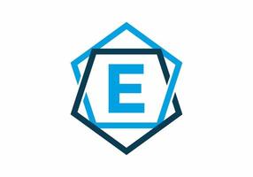 Blue color of initial letter E in pentagon frame vector