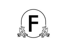 Black line art of bonfire with F initial letter vector