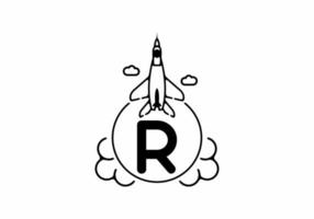 Black line art of R initial letter with flying jet vector