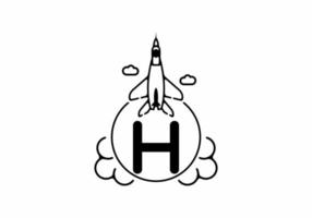 Black line art of H initial letter with flying jet vector