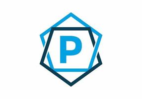 Blue color of initial letter P in pentagon frame vector