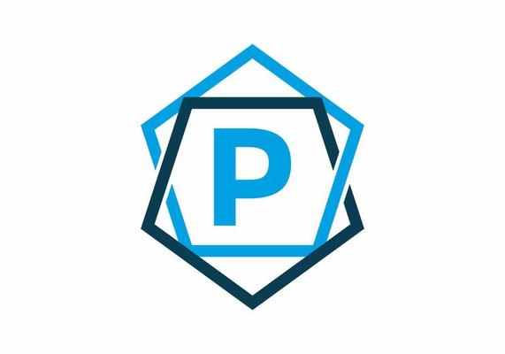 Blue color of initial letter P in pentagon frame